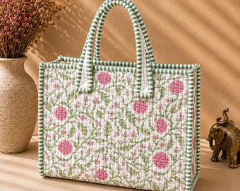 Bolso de mano festivo con lazo, bolso de algodón acolchado hecho a mano, bolso de compras navideño, regalo de Navidad para mujer