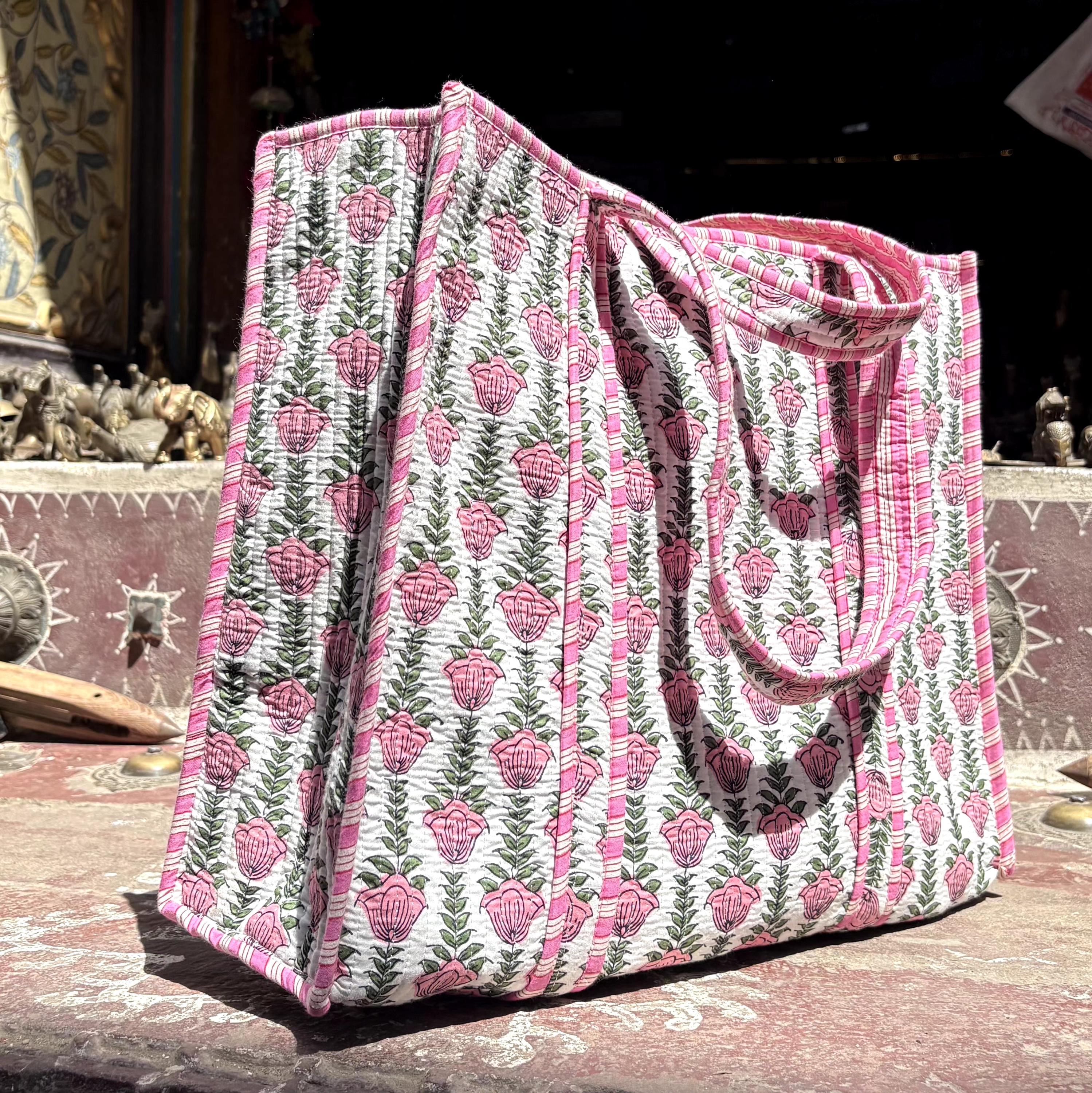 Handmade Quilted Cotton Tote Bag – Pink Floral Block Print Bag, Large ...