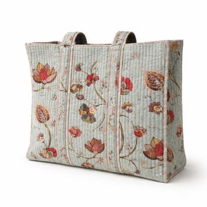May include: A quilted tote bag with a floral pattern. The bag features a light blue background with a repeating pattern of red, orange, and brown flowers and leaves. The bag has two handles and vertical stripes with pink accents.