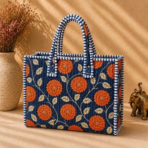 Festive Bow Tote Bag, Handmade Quilted Cotton Bag, Holiday Shopping Tote, Christmas Gift for Women Orange floral