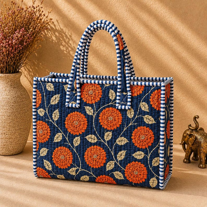 Festive Bow Tote Bag, Handmade Quilted Cotton Bag, Holiday Shopping Tote, Christmas Gift for Women Orange floral