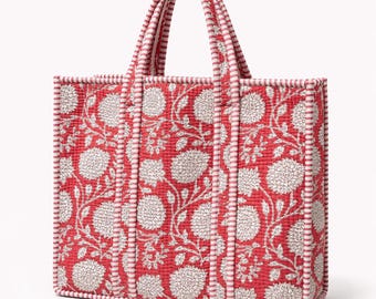 Bolso tote acolchado floral rojo | Bolso tote de algodón hecho a mano con estampado de bloques | Bolso de hombro grande estilo boho | Bolso de mano acolchado indio | Bolso tote para el mercado diario