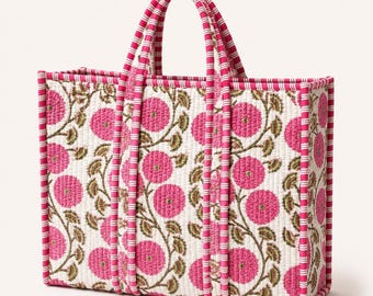 Bolso tote acolchado floral rosa | Bolso de algodón hecho a mano con estampado de bloques | Bolso de hombro grande estilo boho | Bolso de viaje artesanal indio | Bolso de uso diario