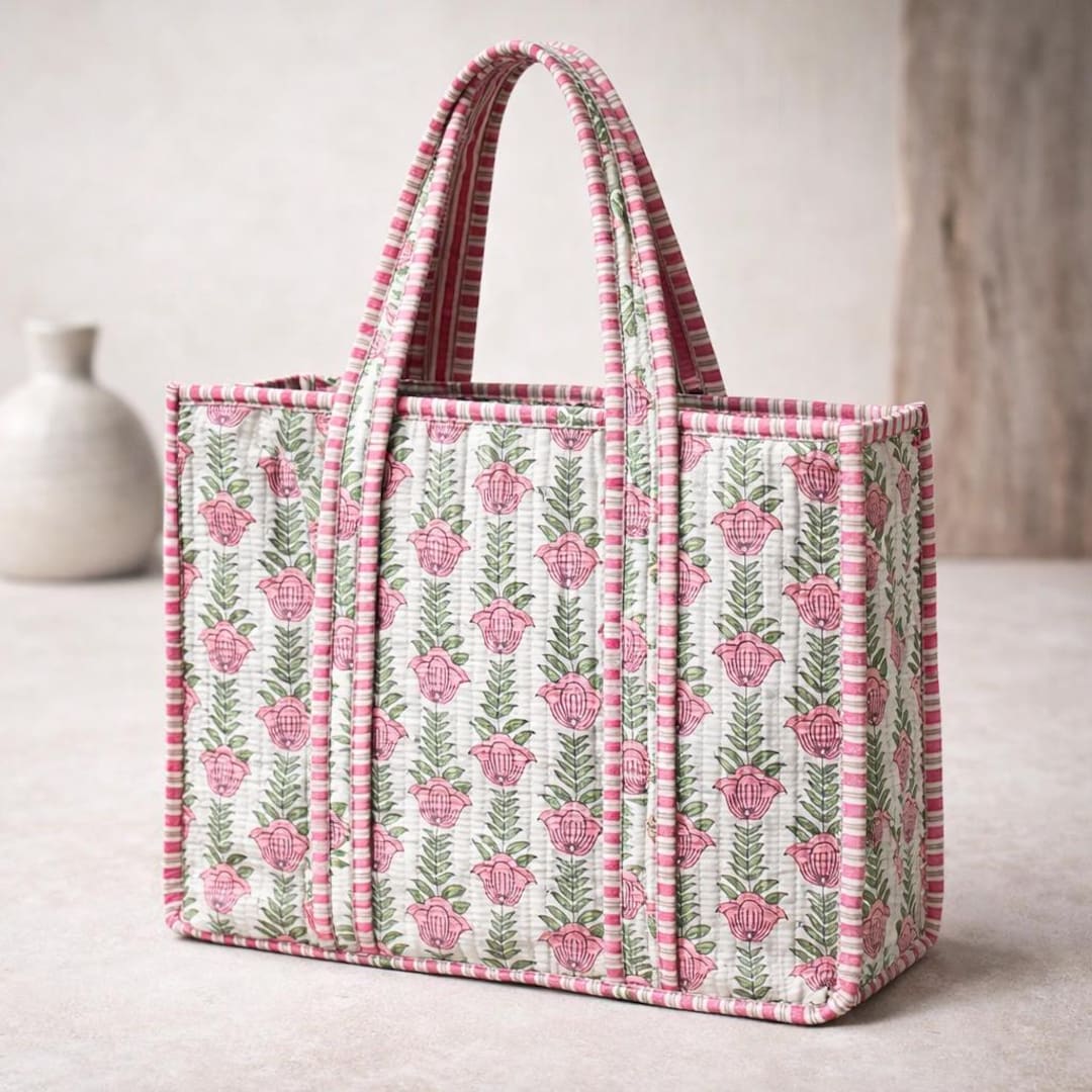 Handmade Quilted Cotton Tote Bag – Pink Floral Block Print Bag, Large ...