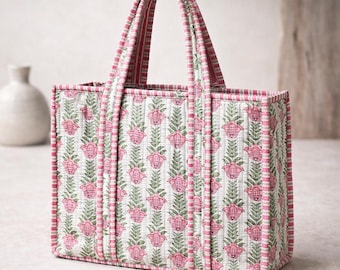 Bolso de mano de algodón acolchado hecho a mano – Bolso con estampado floral rosa, bolso grande para uso diario, bolso de hombro ecológico, bolso de mano artesanal indio