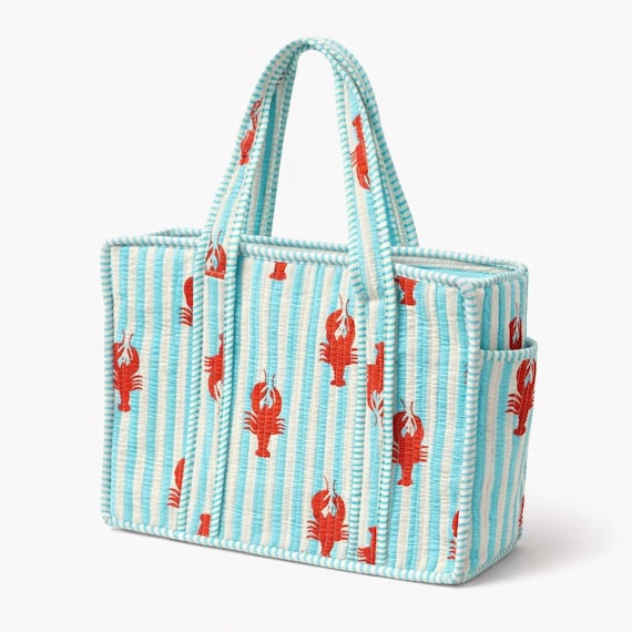 Quilted Cotton Tote Bag with Lobster Print, Blue Striped Beach Tote, Handmade Shoulder Bag, Coastal Summer Bag, Large Everyday Tote,for Gift