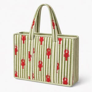 Handmade Quilted Cotton Tote Bag, Green Striped Lobster Print Tote, Nautical Beach Bag, Large Everyday Shoulder Bag, Coastal Travel Tote