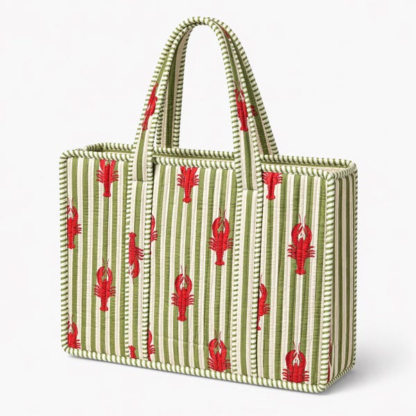 Handmade Quilted Cotton Tote Bag, Green Striped Lobster Print Tote, Nautical Beach Bag, Large Everyday Shoulder Bag, Coastal Travel Tote