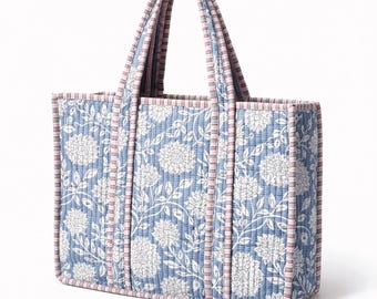 Bolso tote acolchado gris con estampado floral – Bolso de hombro de algodón hecho a mano – Bolso tote grande con estampado indio – Bolso minimalista para el día a día – Regalo estético para ella