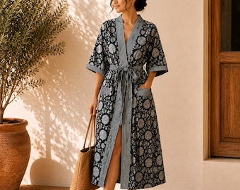 Kimono de algodón Rangsutra | Bata de baño floral ligera para mujer