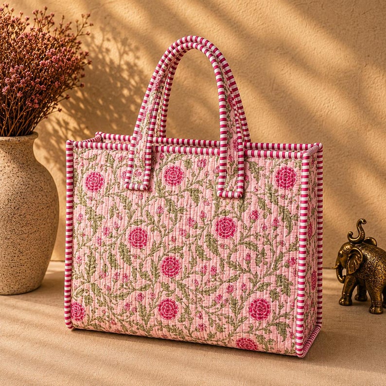 May include: A rectangular quilted tote bag featuring a light pink background with a repeating pattern of dark pink flowers and green vines. The bag has two top handles and edges trimmed with a white and dark pink striped fabric pattern.