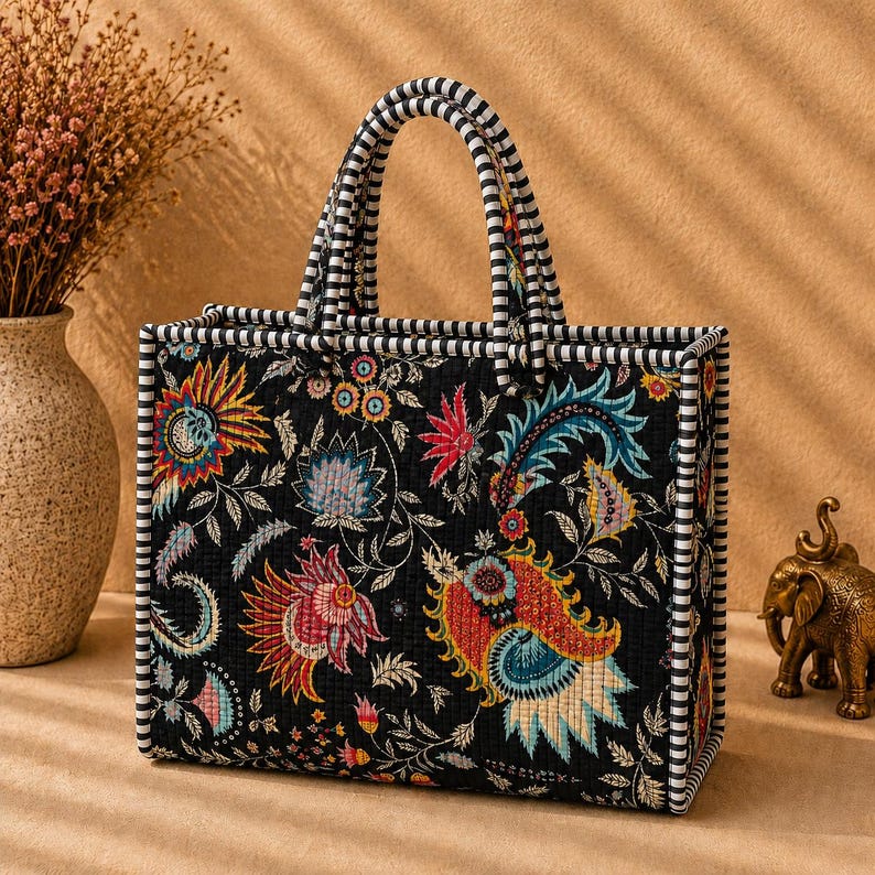 Festive Bow Tote Bag, Handmade Quilted Cotton Bag, Holiday Shopping Tote, Christmas Gift for Women Black crown