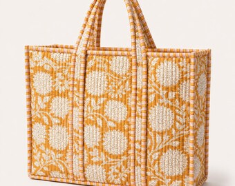 Bolso tote acolchado floral marrón | Bolso tote de algodón hecho a mano con estampado de bloques | Bolso de hombro grande estilo boho | Bolso tote neutro para el día a día | Bolso de viaje acolchado