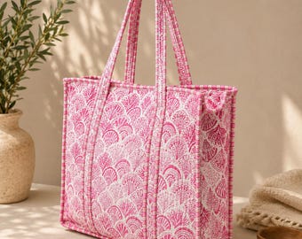 Bolso tote de algodón rosa hecho a mano, bolso tote acolchado con estampado floral, bolso de compras reutilizable, bolso tote de viaje, bolso tote bohemio