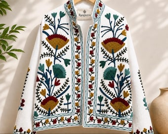 Chaqueta unisex blanca bordada a mano | Chaqueta de algodón con estampado floral estilo boho | Prendas de abrigo étnicas artesanales | Abrigo llamativo de inspiración vintage
