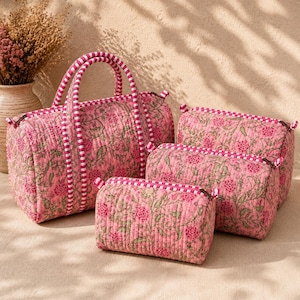 Conjunto de bolsa de algodão acolchoado feito à mão | Conjunto de viagem com estampa floral rosa | Organizador de maquiagem e artigos de higiene pessoal | Bolsa artesanal indiana | Presente para ela Blush pink