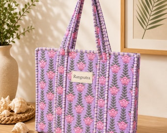 Bolso tote acolchado de algodón Rangsutra | Bolso de uso diario con estampado floral rosa