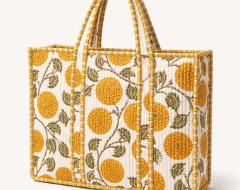 Bolso tote acolchado con estampado floral amarillo | Bolso de algodón hecho a mano con estampado de bloques | Bolso tote grande estilo boho | Bolso de hombro artesanal indio | Bolso tote para viajes diarios