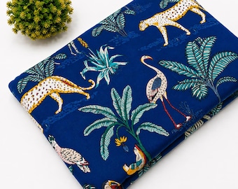 Tela de algodón con estampado de animales de la selva, estampado de leopardo y aves tropicales, tela de algodón botánica por metro, tela para acolchado y costura.