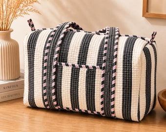 Bolso de fin de semana acolchado Rangsutra | Bolso de viaje de algodón con rayas negras