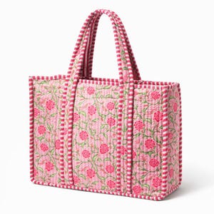 Handmade Quilted Cotton Tote Bag | Pink Floral Block Print Bag | Reusable Shoulder Bag | Lightweight Travel Tote | Gift for Her