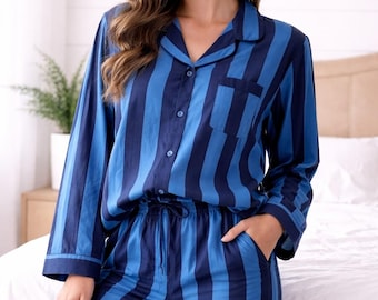 Conjunto Panamá de algodón con estampado de bloques, pijama a rayas, pijama de noche abotonado, conjunto cómodo de ropa de estar por casa estilo boho, regalo para ella.