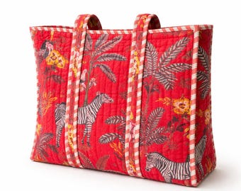Bolso tote acolchado de terciopelo hecho a mano, bolso de mano con estampado de selva roja, bolso tote con estampado de cebra y flores tropicales, bolso de hombro grande para uso diario, regalo ecológico