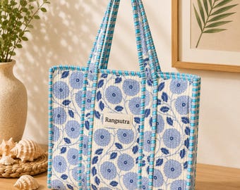 Bolso tote acolchado de algodón Rangsutra | Bolso de uso diario con estampado floral azul