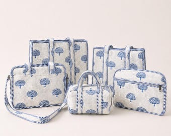Conjunto de bolsos de algodón acolchados hechos a mano | Bolso tote con estampado de bloques azules | Conjunto de neceseres de viaje | Bolsos artesanales indios | Regalo para ella | Bolso ecológico