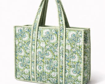 Bolso tote acolchado floral verde y azul – Bolso de hombro de algodón hecho a mano – Bolso tote grande con estampado de bloques indios – Bolso ligero para el día a día – Regalo bohemio para ella