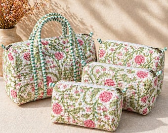 Conjunto de neceser acolchado de algodón hecho a mano | Set de viaje con estampado floral rosa | Organizador de maquillaje y artículos de aseo | Bolso artesanal indio | Regalo para ella