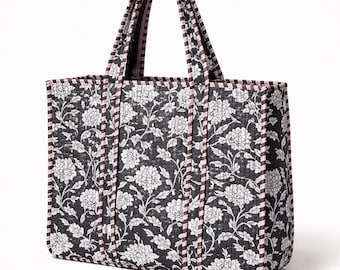 Bolso tote acolchado floral en blanco y negro – Bolso de hombro de algodón hecho a mano – Bolso tote grande con estampado de bloques indios – Bolso minimalista para el día a día – Regalo para ella