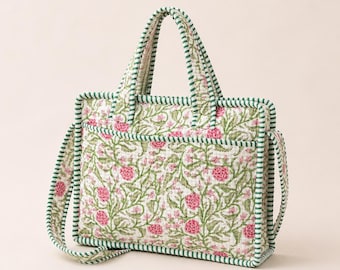 Handmade Quilted Floral laptop Bag with Strap, Pink Green Block Print Cotton Bag, Large Pockets structured Shoulder bag, Everyday Carry Bag
