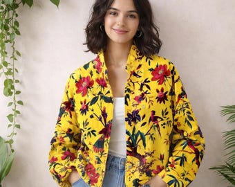 Abrigo de terciopelo floral hecho a mano | Chaqueta étnica informal para mujer