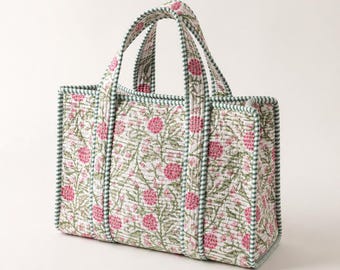 Handgemaakte gewatteerde draagtas, katoenen tas met bloemenprint, tas met groen-roze blokprint, grote gestructureerde tas, schoudertas voor dagelijks gebruik, cadeau voor haar