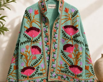 Chaqueta TNT verde menta bordada a mano | Chaqueta unisex de algodón con estampado floral estilo boho | Abrigo étnico artesanal | Prenda de abrigo llamativa de inspiración vintage