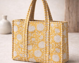 Bolso tote acolchado amarillo mostaza – Bolso de algodón hecho a mano con estampado floral, bolso de hombro grande para uso diario, bolso tote indio ecológico