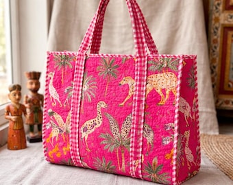 Bolso tote acolchado de algodón rosa, bolso tote con estampado de animales de la selva, bolso de hombro indio hecho a mano, bolso con estampado de leopardo y flamenco, bolso tote grande estilo boho para el día a día.
