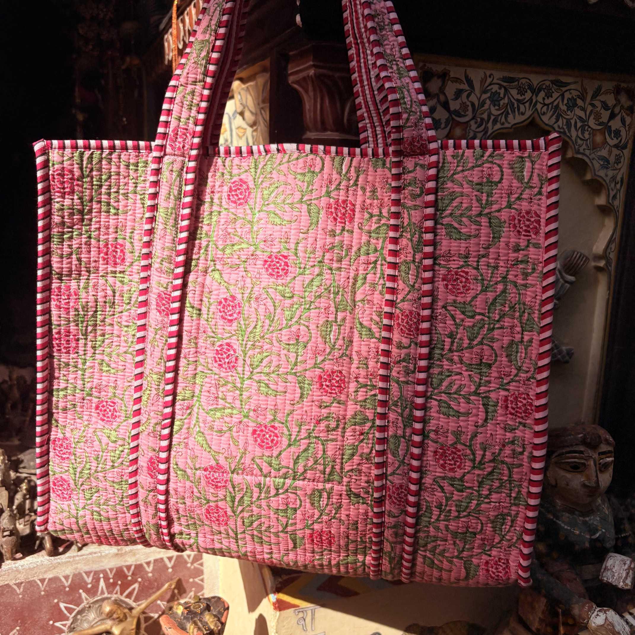 Handmade Quilted Cotton Tote Bag | Pink Floral Block Print Bag ...
