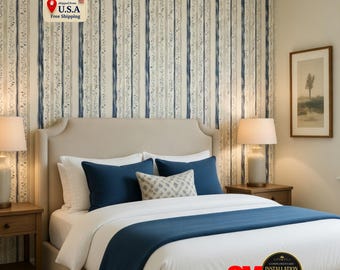 Vintage Blue Floral Stripe Wallpaper, Peel and Stick Coastal Wall Mural for Bedroom