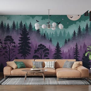 May include: A wall mural featuring a forest landscape with dark pine trees against a gradient background of purple and teal. The scene includes a pale moon, small stars, and silhouettes of flying bats, creating a layered, misty atmosphere.