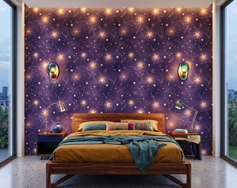 Purple Galaxy Wallpaper, Celestial Peel and Stick Bedroom Mural