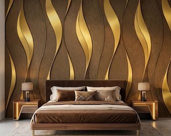 Gold Wave Wall Mural – 3D Abstract Metallic Wallpaper- Elegant Office Mural