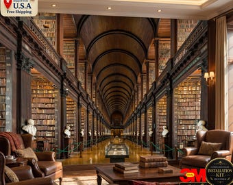 Vintage Library Wall Mural, Dark Academia Wallpaper, Classic Book Room Decor