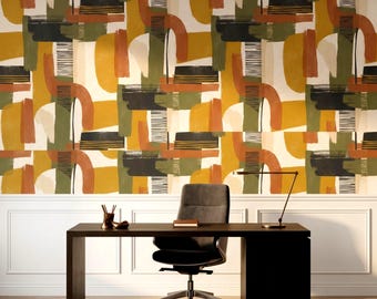 Mustard and Sage Retro Abstract Mid Century Modern Wallpaper, Boho Earth Tone Wall Decor, Peel and Stick Office Decor