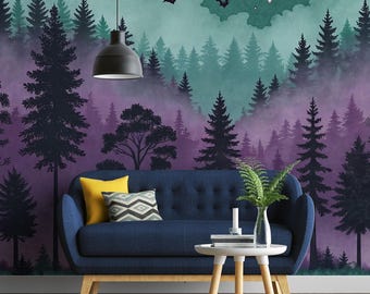 Mystical Forest Wall Mural, Purple Teal Full Moon Bat Peel and Stick Wallpa