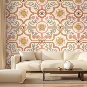 Retro Sun Eye Wallpaper, Boho Celestial Wallpaper, Floral Pattern, Vintage Removable Wallpaper