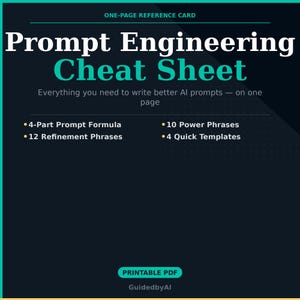May include: A dark teal printable PDF reference card titled "Prompt Engineering Cheat Sheet." The card includes information on prompt formulas, refinement phrases, power phrases, and quick templates. The text "GuidedbyAI" is at the bottom.