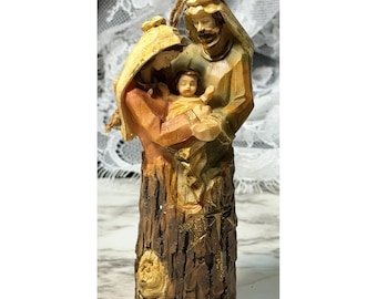 Holy Family Nativity Ornament Rustic Faux Wood Resin 5.5" Tall EUC (P2947)