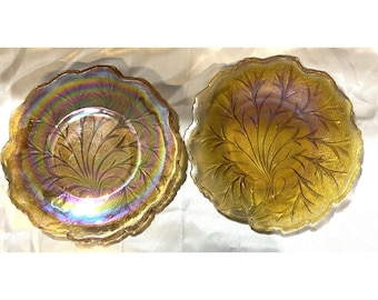 2- VTG Indiana Glass Iridescent Marigold Branch Carnival Glass Plate 10" (2388)